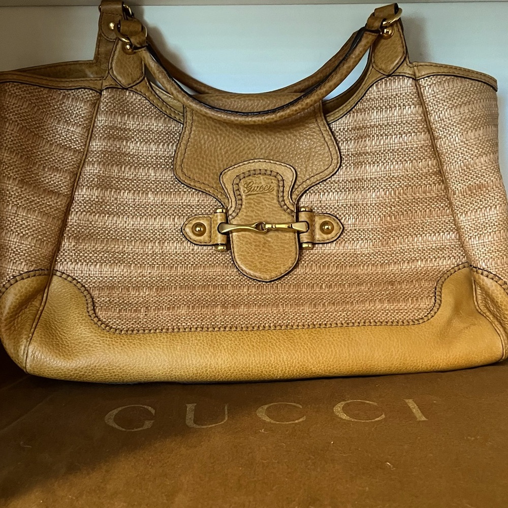 GUCCI Pelham Raffia Tote Authentic Straw Leather Bag